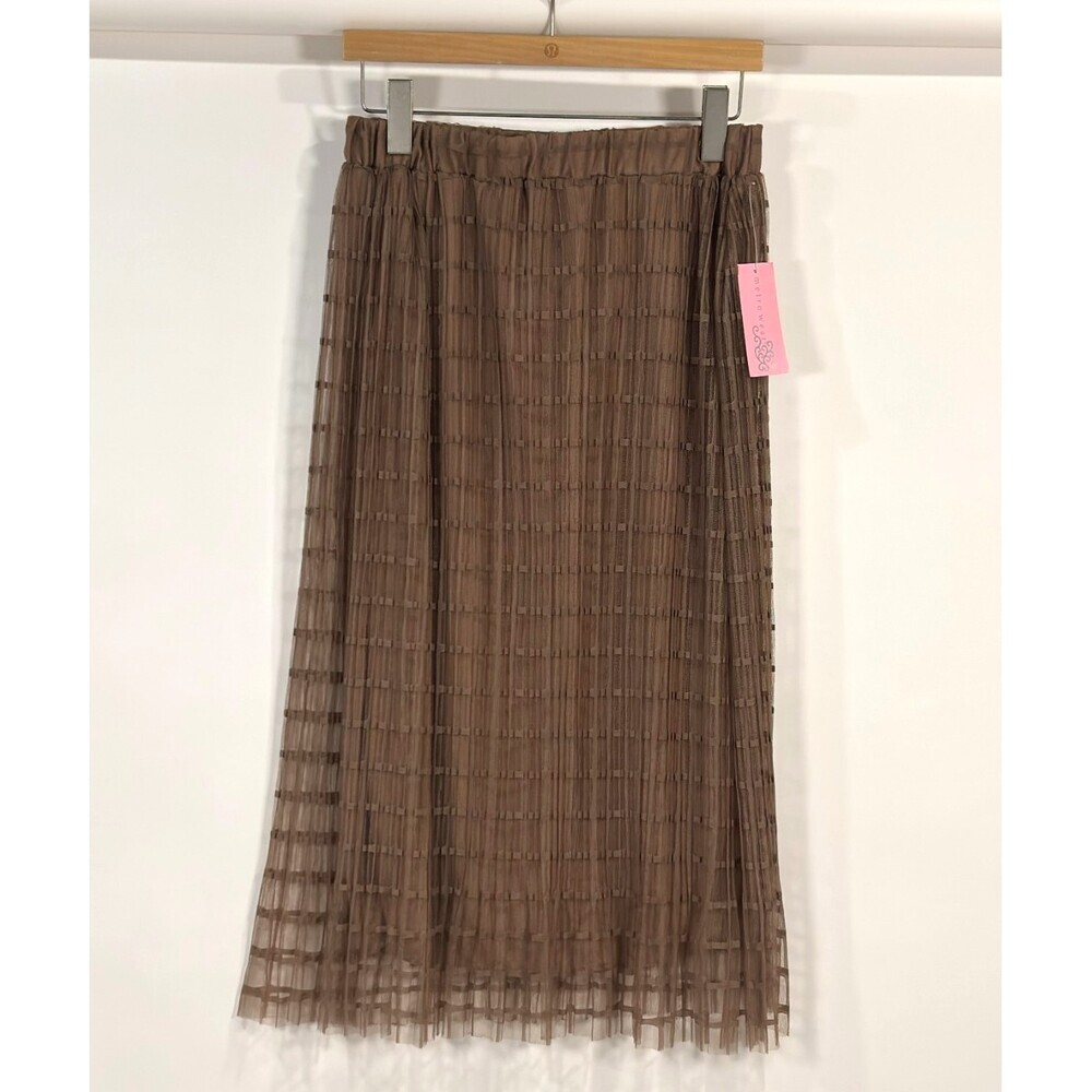 Metrowear Pleated Windowpane Mesh Midi Skirt Brown NWT - Medium